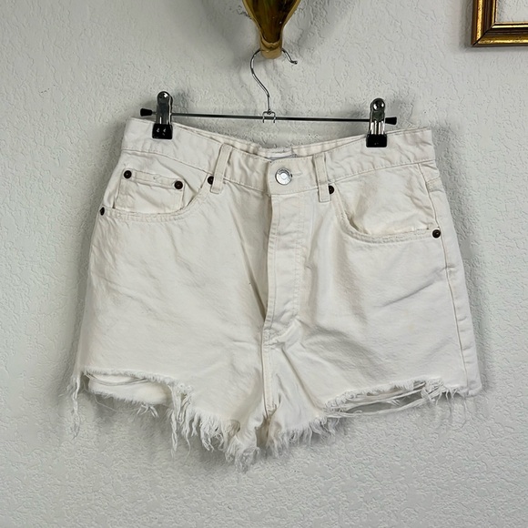 Zara Denim Frayed Distressed Fringe Hem Jean Shorts Button Fly - Picture 1 of 7